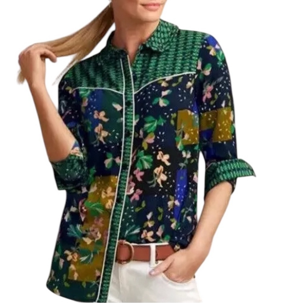 CAbi Mixed Floral Patchwork Button-Front Blouse in Green, Navy, Olive